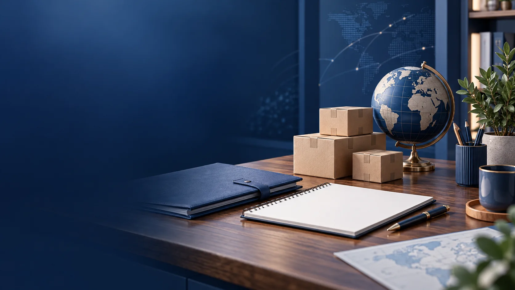 Dossiers, colis et globe disposés sur un bureau.