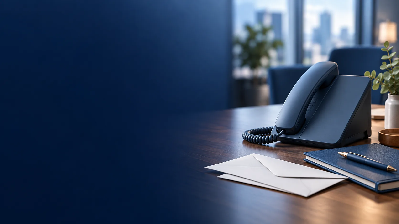 Téléphone, enveloppes et carnet sur un bureau.