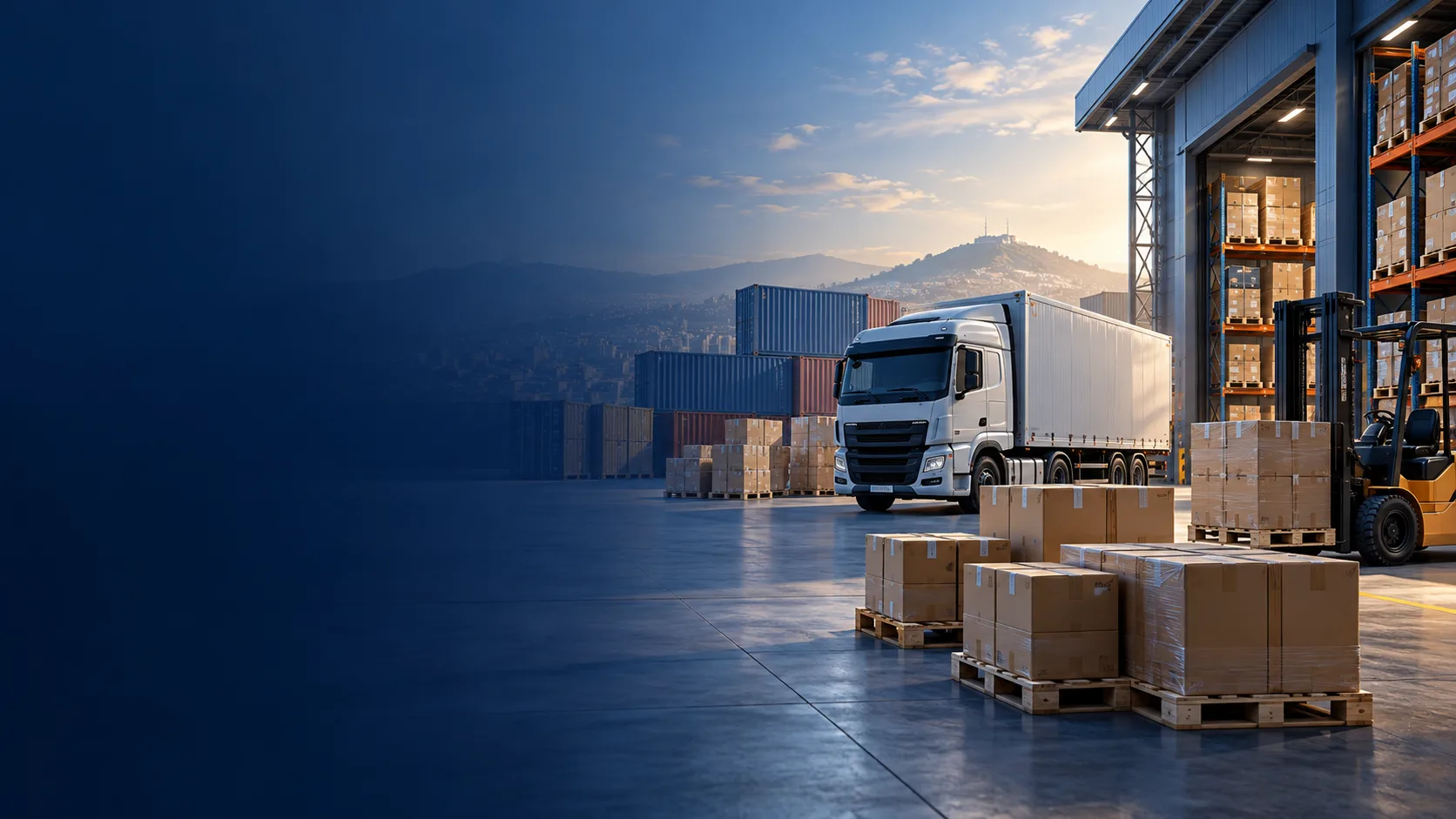 Camion de transport, conteneurs et marchandises sur palettes devant un entrepôt.