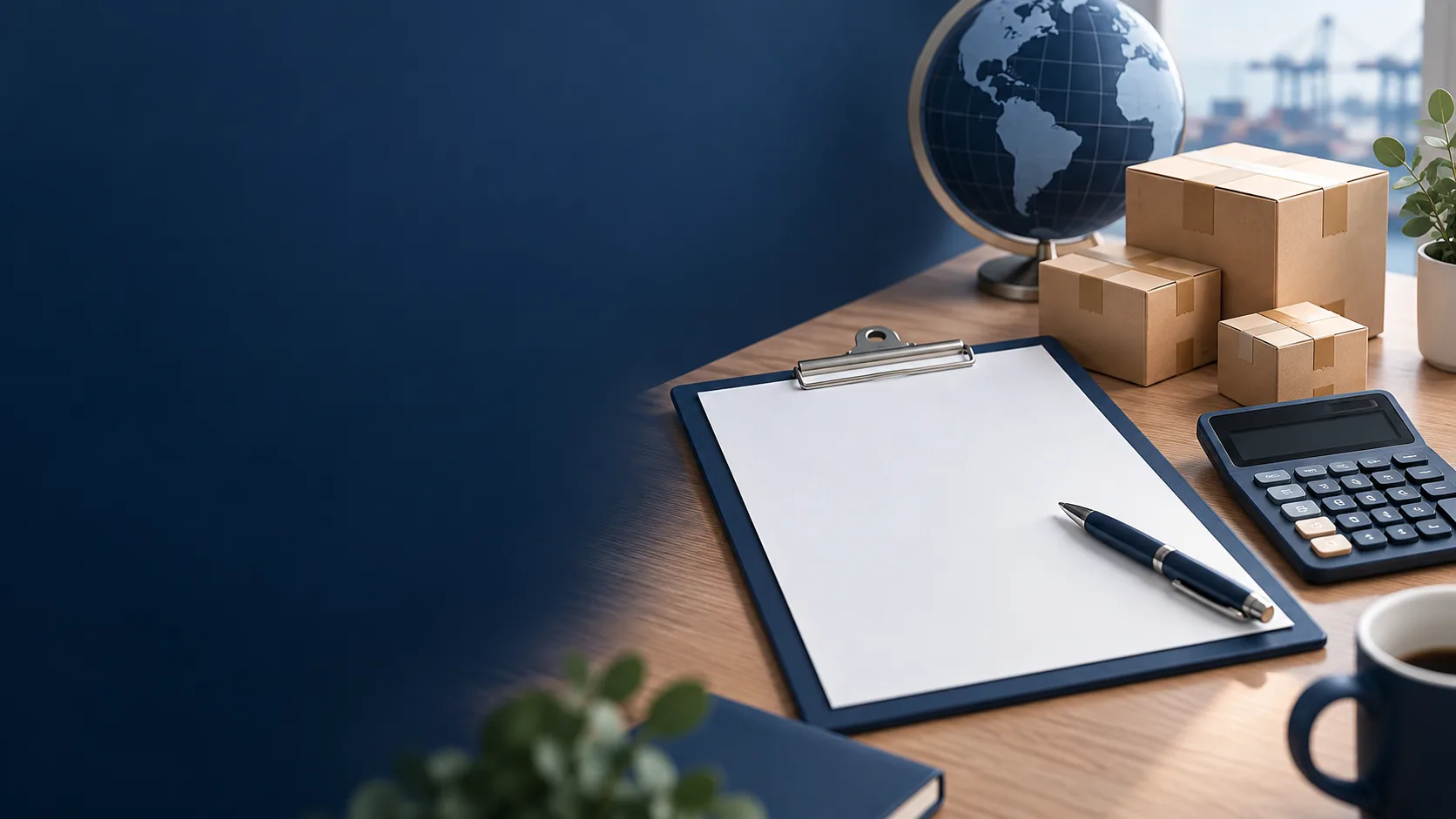 Document, stylo, calculatrice et colis sur un bureau.
