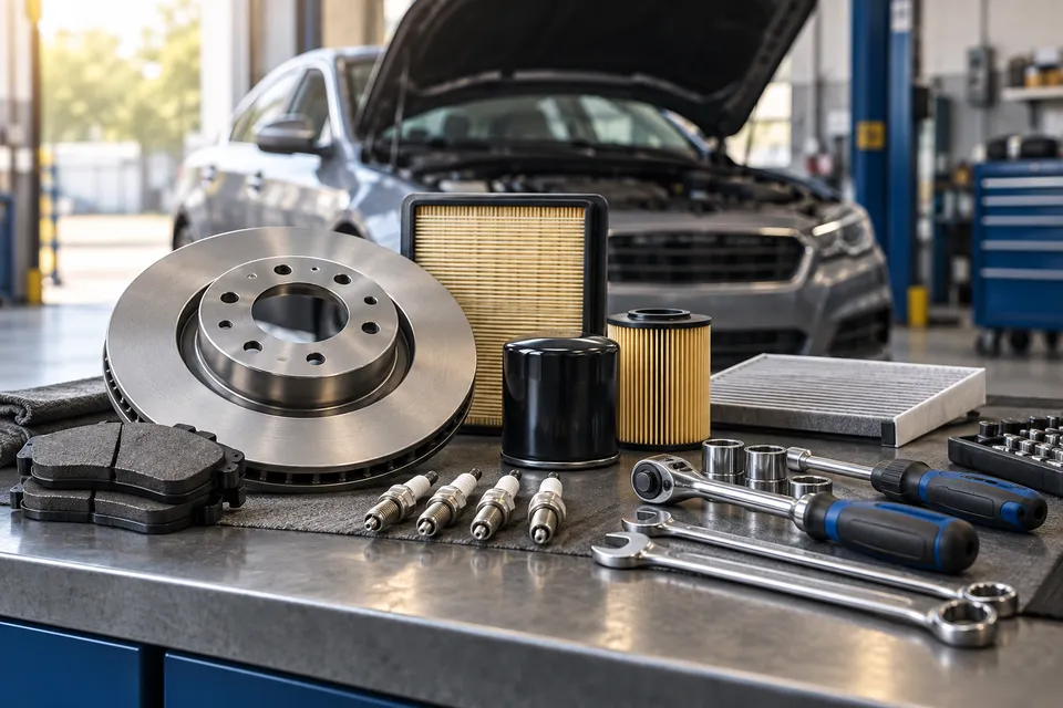 Pièces automobiles et outils devant un véhicule.