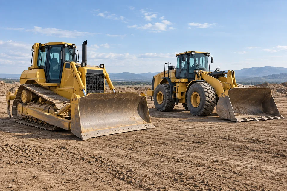 Bulldozer et chargeuse sur un terrain de travail.
