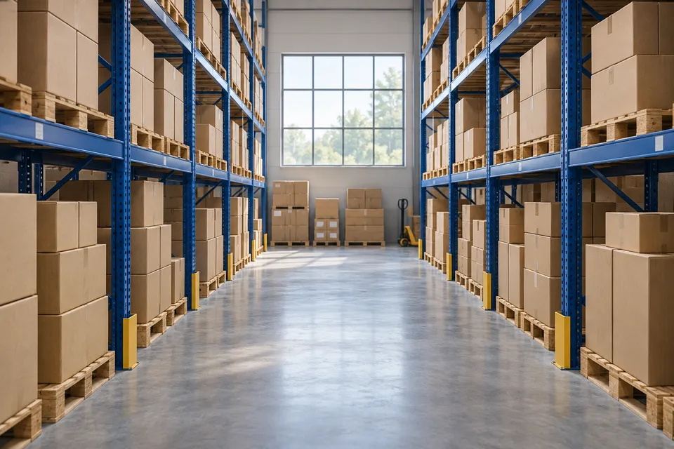 Rayonnages et palettes de marchandises dans un entrepôt.