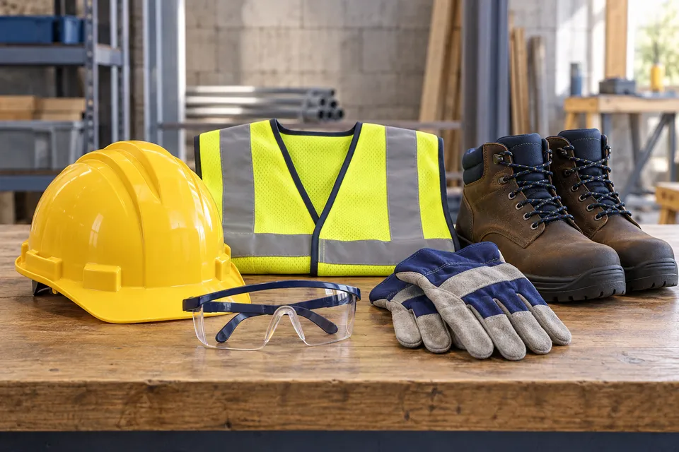 Casque, gants, lunettes, gilet et chaussures de protection.