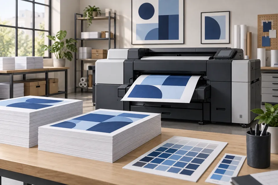 Imprimante et supports imprimés aux motifs bleus.