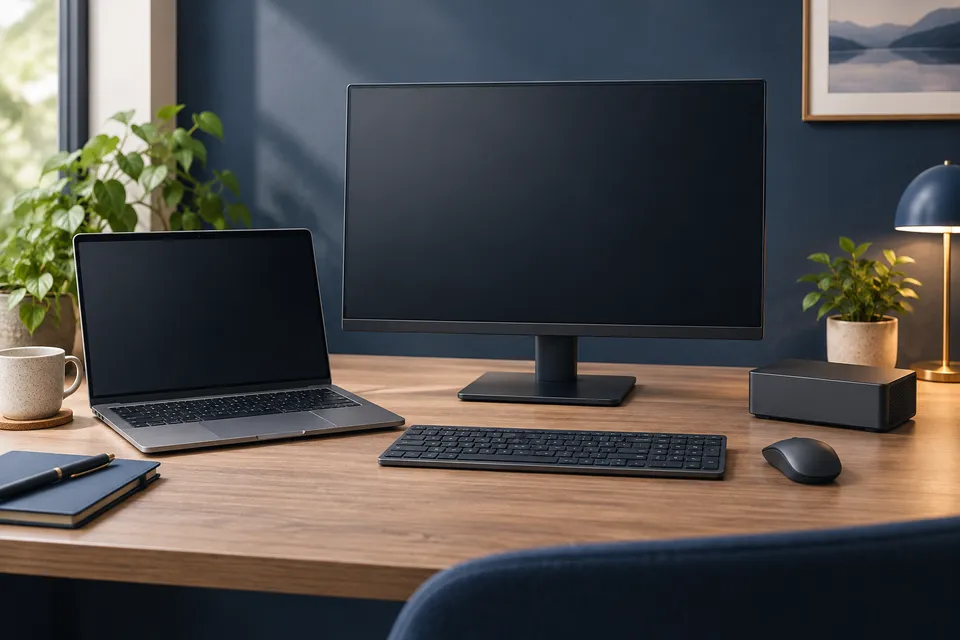 Ordinateur portable, écran, clavier et accessoires.