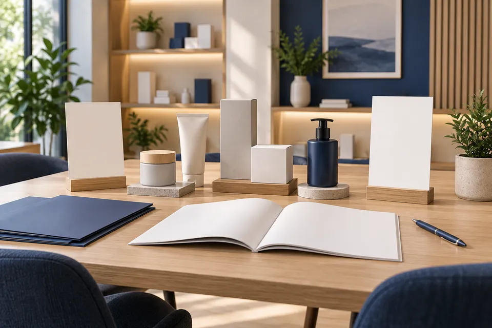 Présentation de produits et catalogue sur une table.